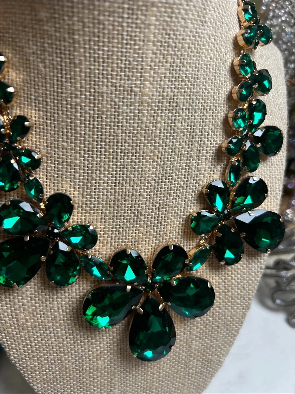 Emerald Teardrop Statement Necklace - Green  Floral Bib